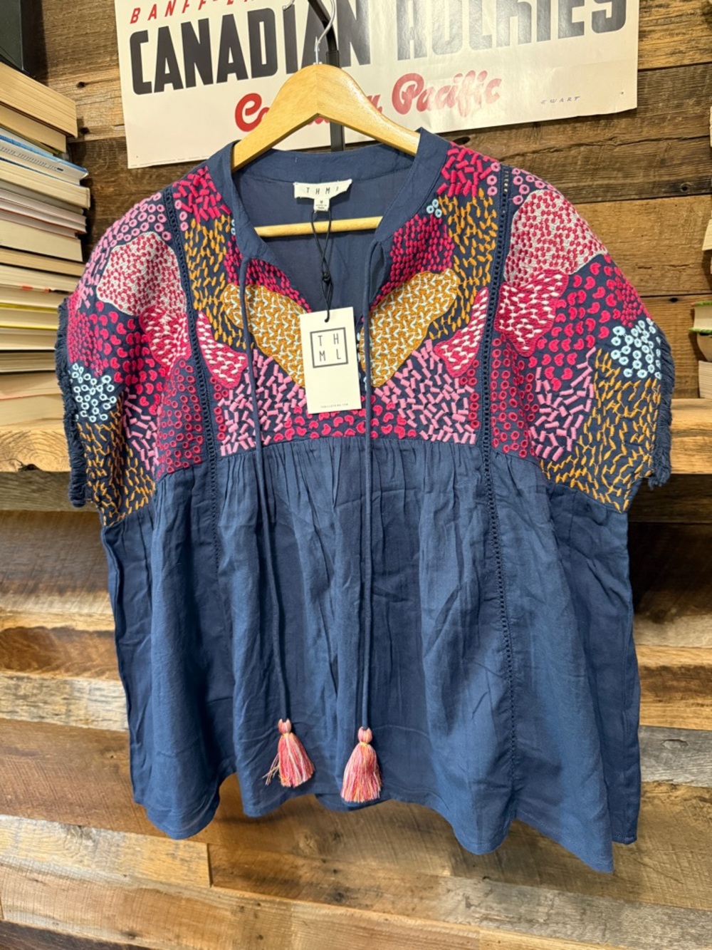 THML Navy Peasant Blouse with Pink, Mustard & Light Blue Embroidery